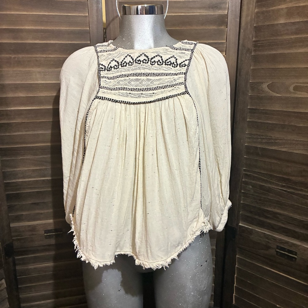 Free People Cyprus Avenue Peasant Blouse Embroidered Puff Sleeve Edwardian Small - Picture 3 of 11